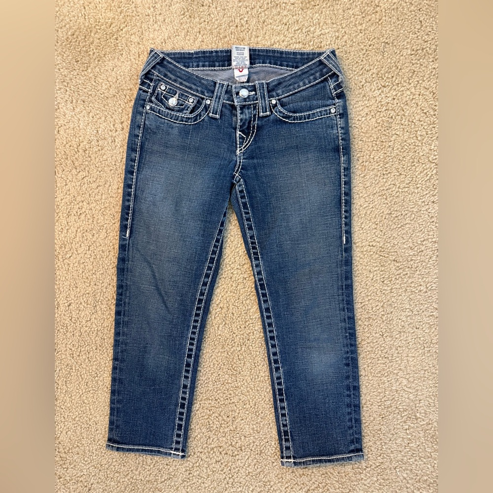 True Religion Disco Lily Big T Capri Jeans Womens Size 26 Dark Wash
